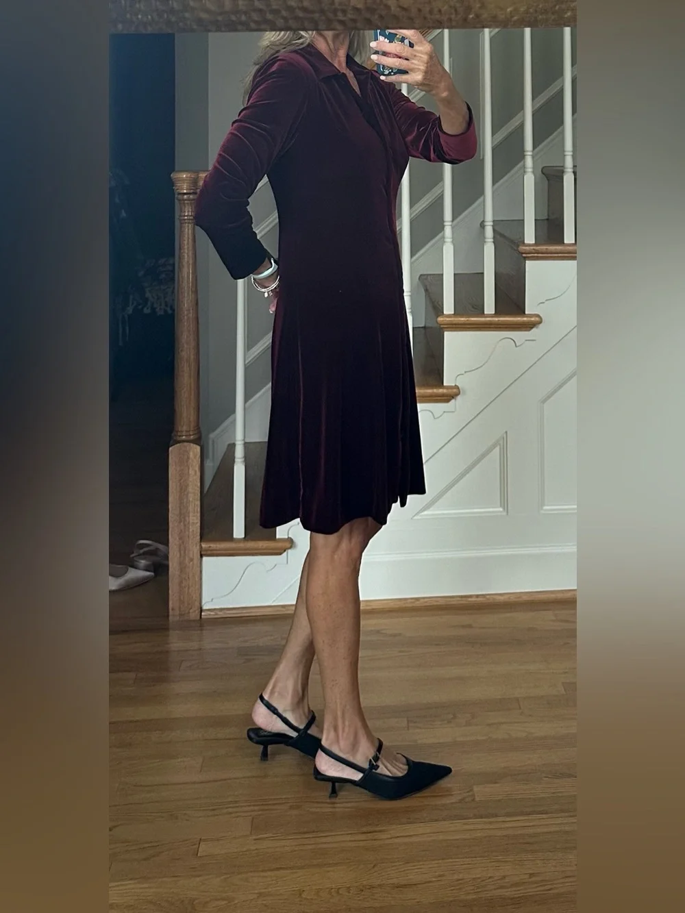 Talbots Deep Burgundy Velvet Midi Dress with Button Front
